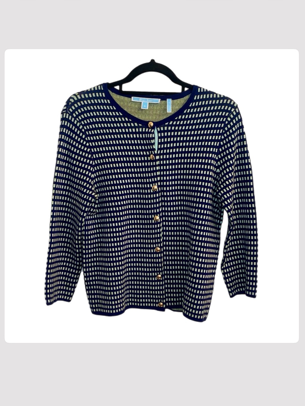 Draper James Navy Blue Gingham Gold Button Cardigan. Sz Med.